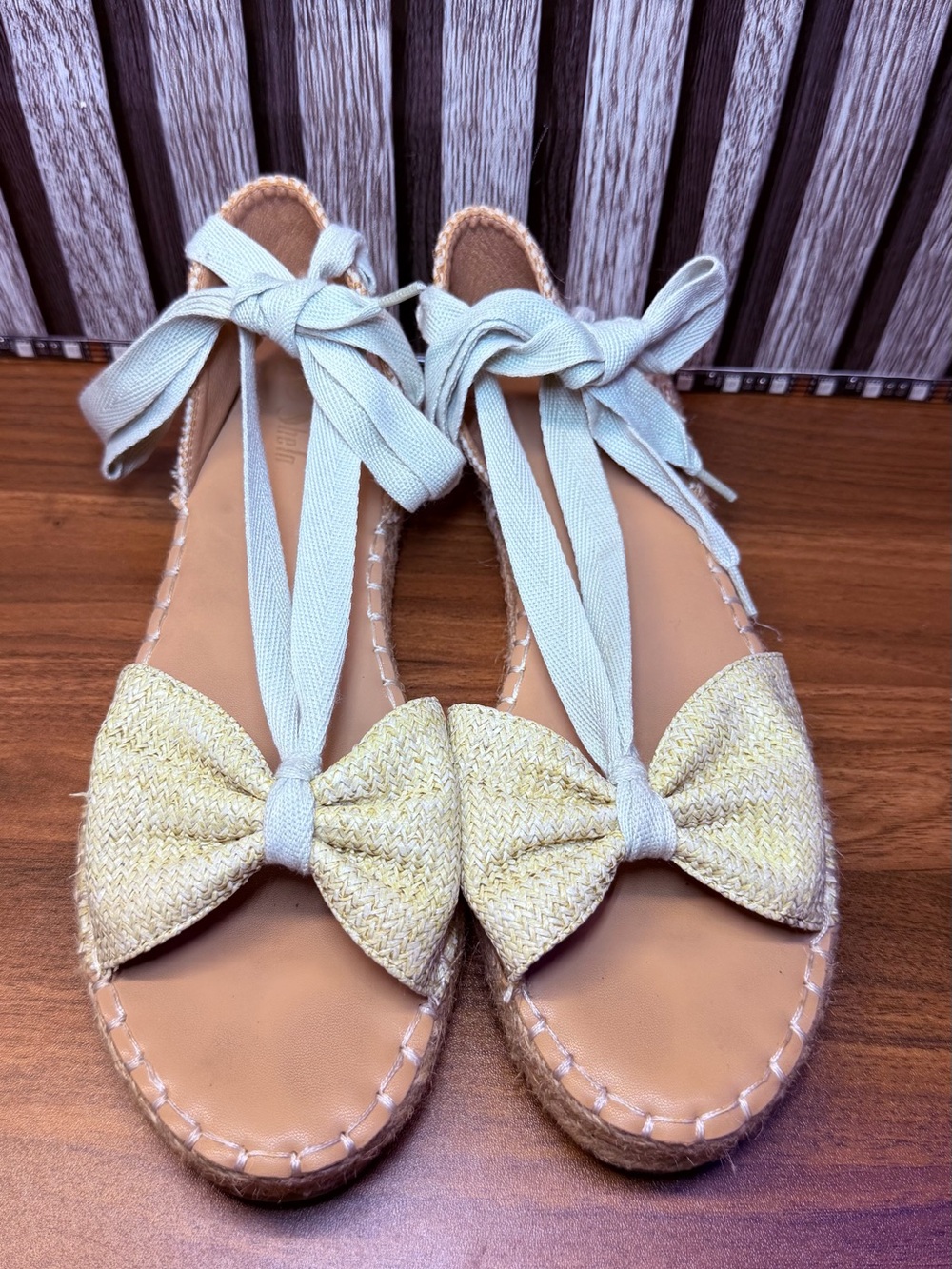 Women’s Bow Espadrille Sandals in Light Yellow with Mint Ties
